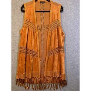 John Mark Long Knit Fringe Vest Faux Suede Mixed Media Boho Cognac Brown